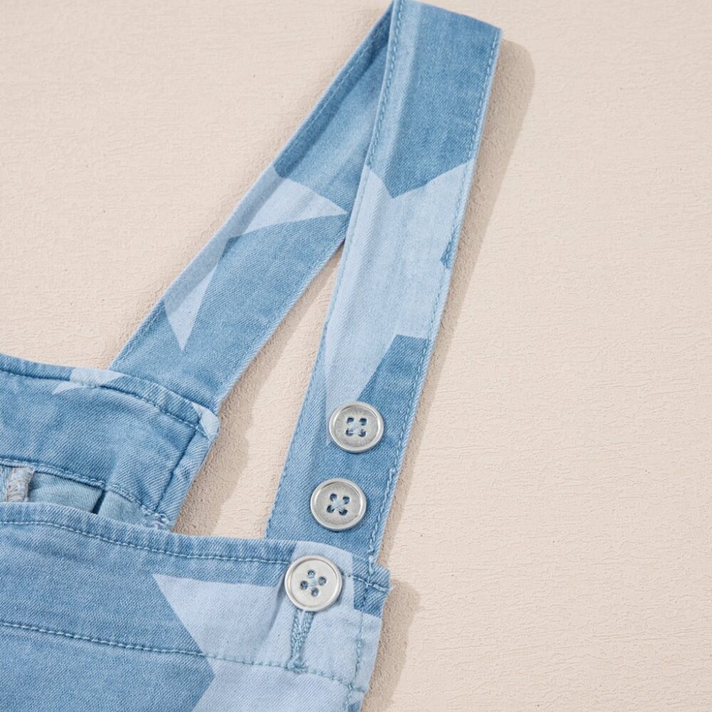 B244 Light Blue Star Printed Buttoned Straps Pocketed Denim Romper - Picture 13 of 14